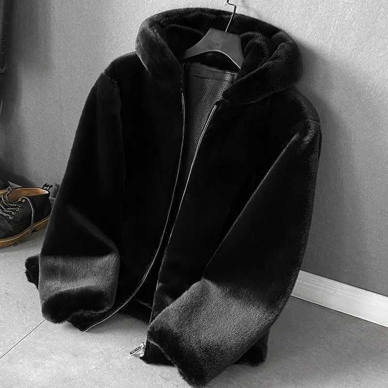 Mens Faux Fur Collar Hooded Coat Boys Faux Mink Fur Overcoat Winter Snow Windbreaker Long Sleeve Zip Up Top Large Size 5xl 6XLXJ241102