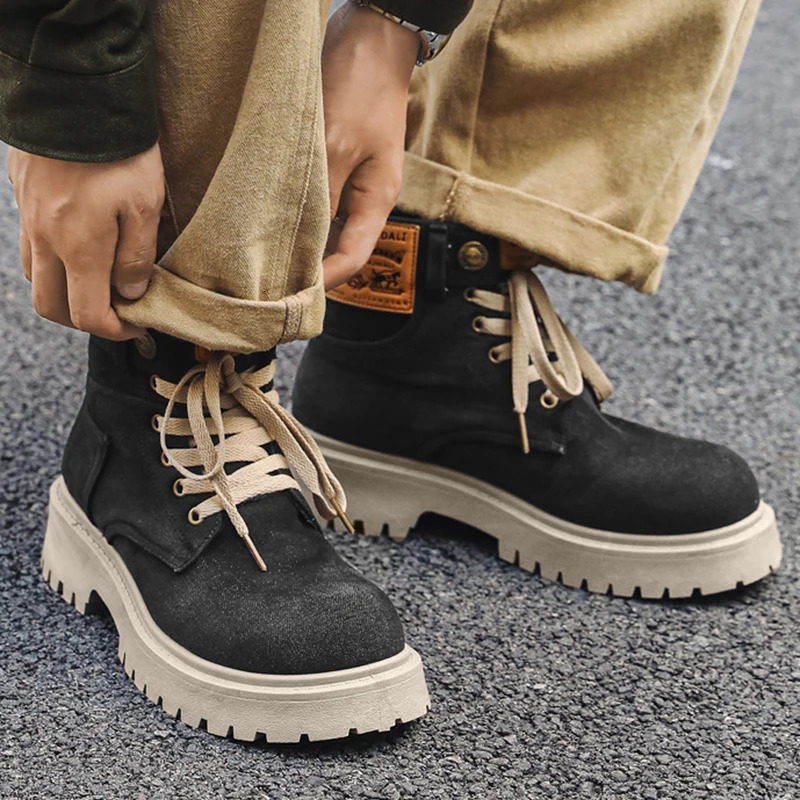 Mens platform denim boots retro n Ankle shoes mens high-quality comfortable boots cool casual lace up outdoor shoes 241031