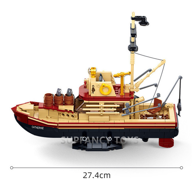 City Fishing Boat Vessel Trawlboat Model Building Blocks Set Pirate Ship new 2025 Sea Fisher White Shark Figures MOC Toys With Stickers