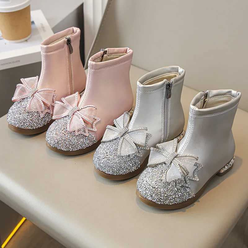 Girls autumn and winter shoes childrens plush new crystal short boots childrens fashion princess bow bead zipper M241102