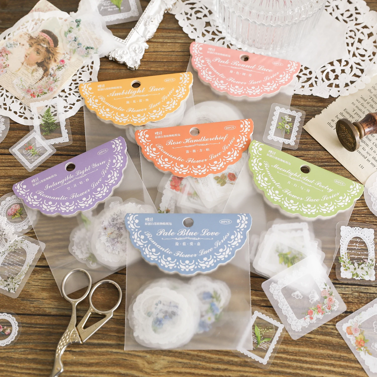 2025 Jounamm 30pcs/pack PET Transparent Lace Stickers DIY Scrapbooking Collage Stationery Decor Junk Journal Creative new Aesth Stickers