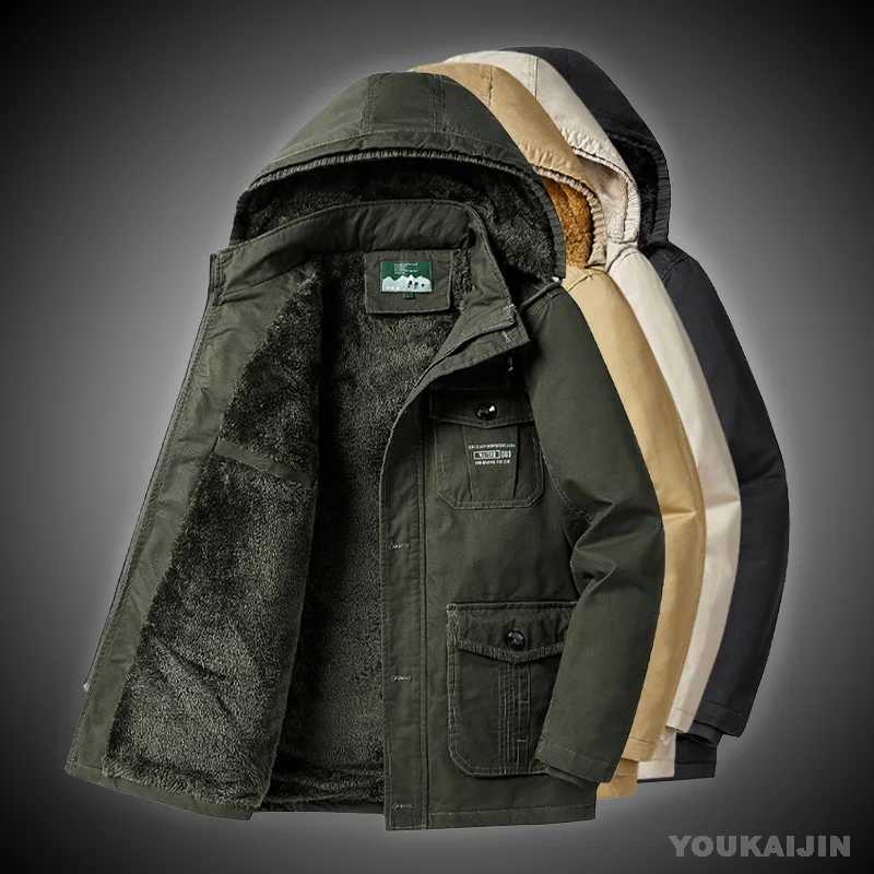 Mens suitable winter coat LTI pocket cargo solid zipper jacket mens long winter coat hooded casual and warm Parkas 6XL W241102
