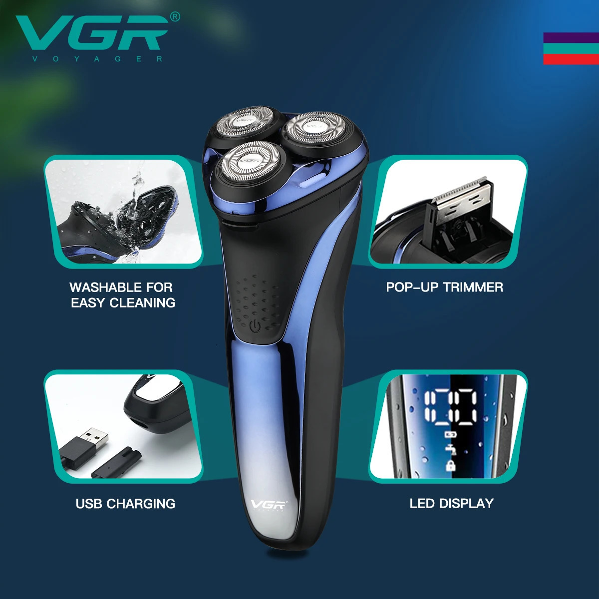 VGR Shaver Electric Razor Professional Shaving Machine Floating Beard Trimmer IPX7 Waterproof Rechargeable Shaver for Men V-306 240325