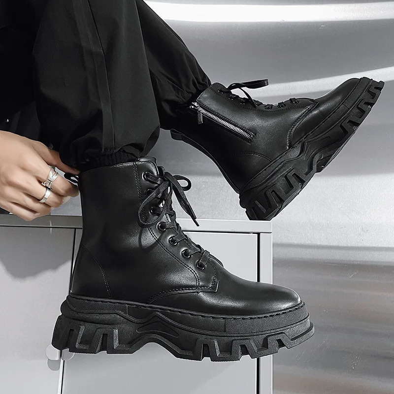 Mens leather fashion boots waterproof lace short ankle boots mens outdoor platform high top motorcycle boots 241031
