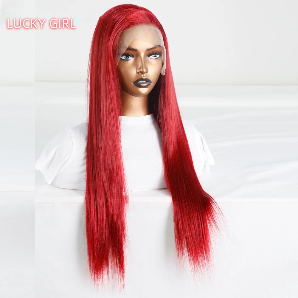 Bombshell Wine red 13*4 Synthetic Hair Front Lace Wig Glueless Heat Resistant Fiber Hair Natural Hairline Free Parting Women Korean high temperature f