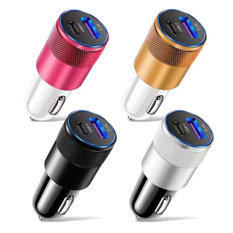 38W 3.1A PD Portable Car Charger Metal Dual 2-Port USB-A USB-C Output Fast Charging Car Adapter For iPhone 16 15 14 13 12 11 Pro Plus Xiaomi Samsung S