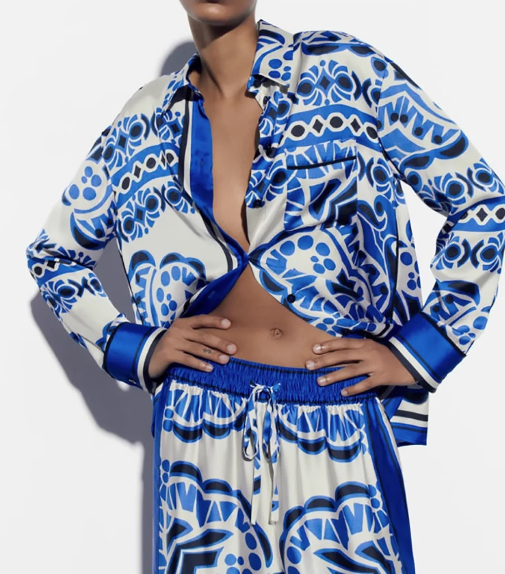 Print Women Shirt Summer Fashion Loose Wide Leg Pants Female Clothing Elastic Waist Streetwear Femle Trousers Split Set 240329