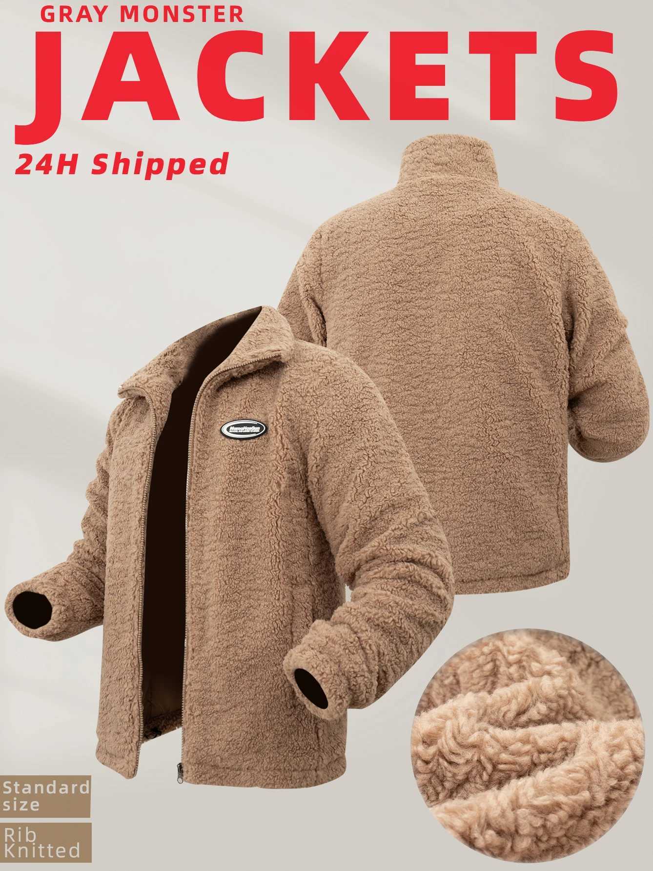 Mens Faux Fur Coat Long Sleeve Solid Colour Outerwear Wool Polar Fleece Full-Zip Loose Jacket Thick Warm Cotton Padded CoatXJ241102