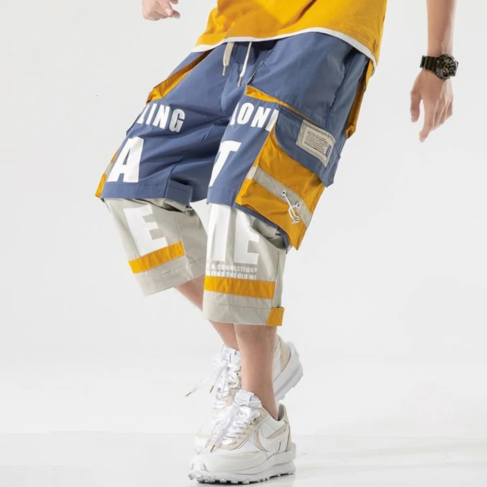 Summer Fashion Men Shorts Casual Hiphop Streetwear Harajuku Pocket Cargo Color Contrast Patchwork Print Street Retro Japan 240321