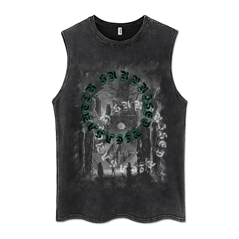 Summer Men Washed Vest Vintage T Shirt Gothic Tshirts Streetwear Punk T Shirts Unisex Sleeveless Vest Top Y2k Short Sleeve Shirt 240321