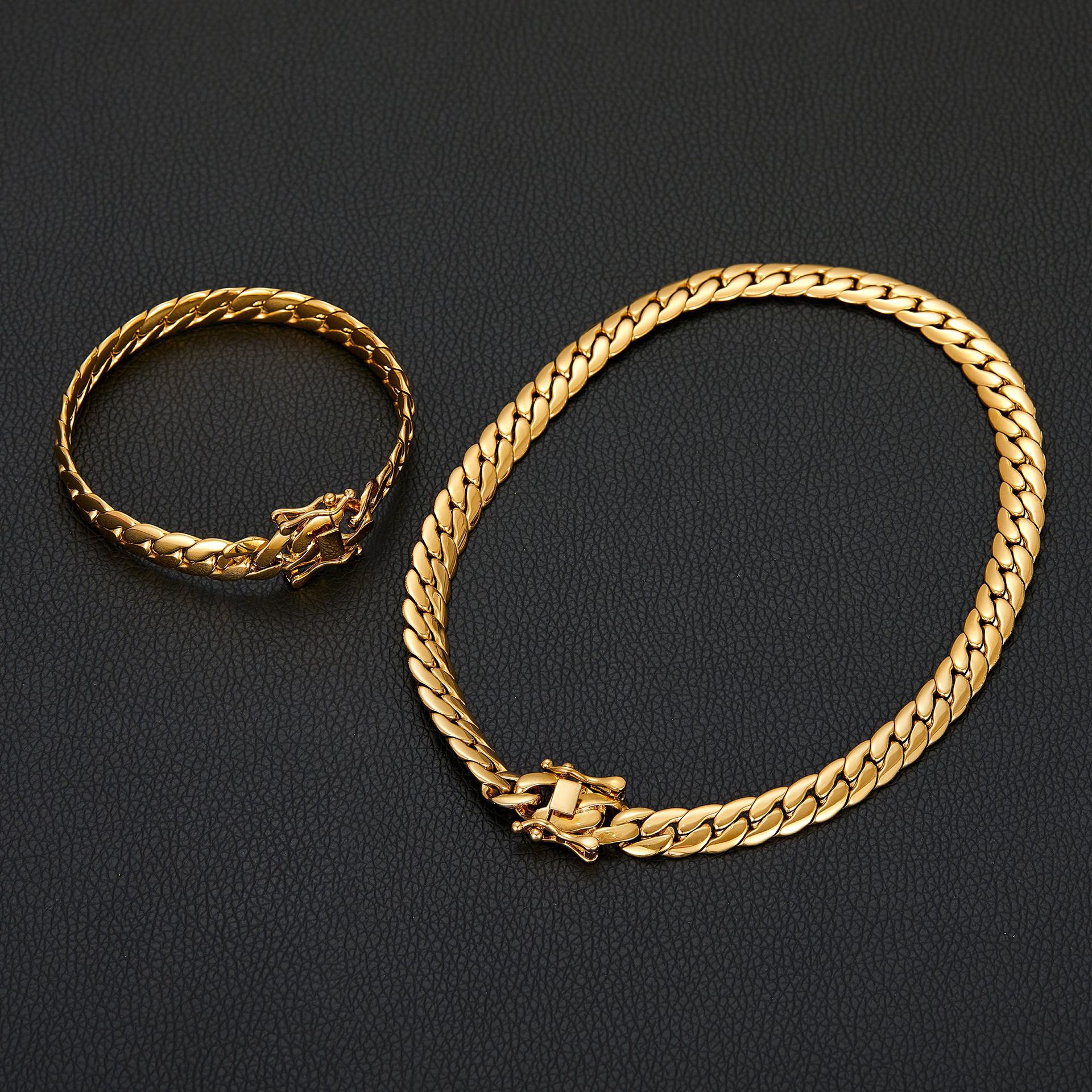 Snake Stainless Steel Miami Cuban Chain Necklace Bracelets Simple Clasp Jewelry