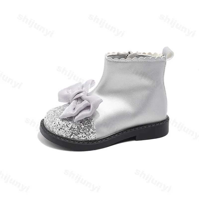 Fashion girl princess leather boots sweet bow sequins ankle boots childrens version side zipper boots anti slip childrens shoes M241102