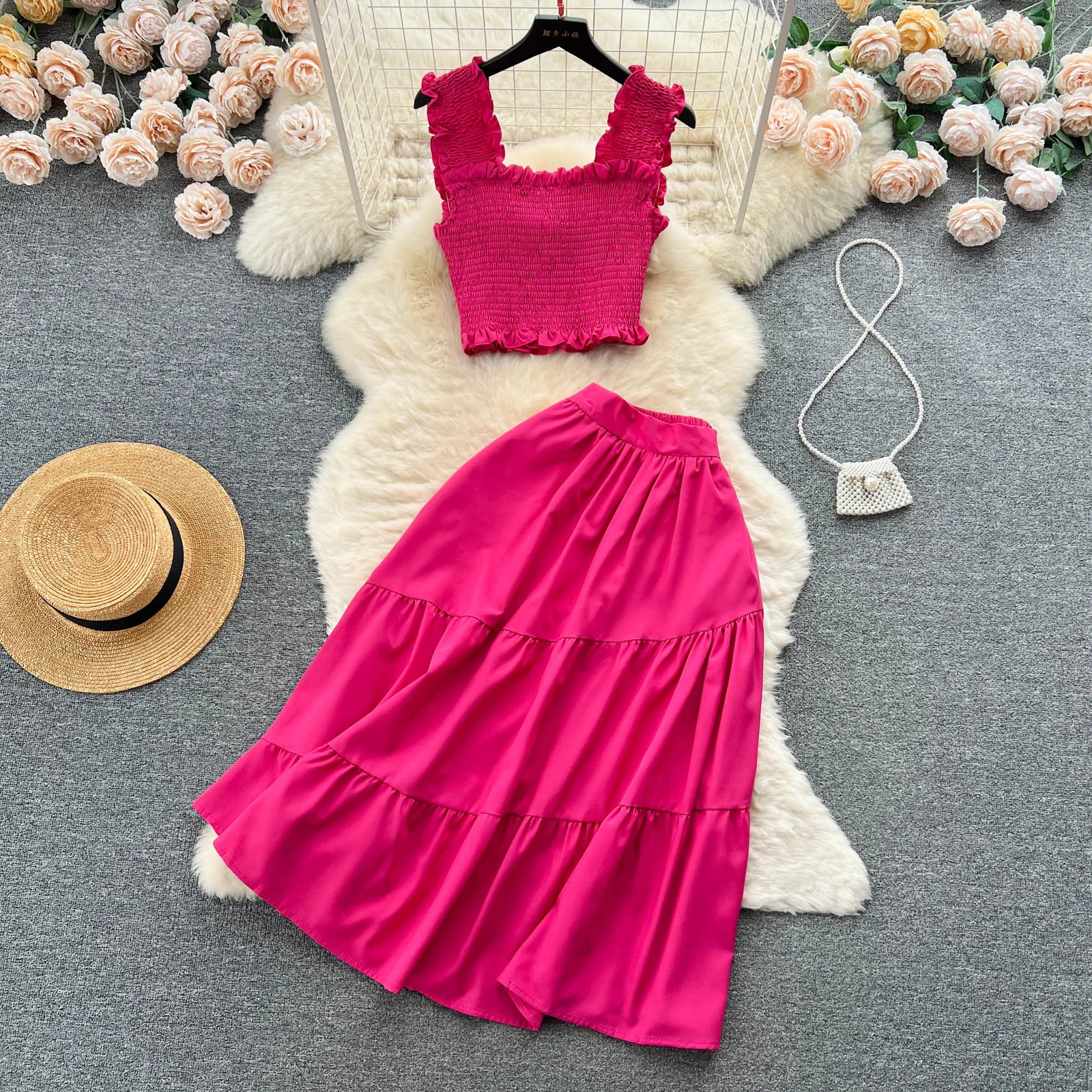 YuooMuoo Chic Fashion Women Dress Suits Summer Vacation Style Sleeveless Stretchy Tops High Waist Long Skirts Lady Outfits 240329