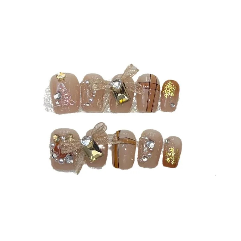 10 pieces/set of fake nails complete set of fake nails pressed on nails DIY handmade patches detachable cute Christmas tree ribbon bow 241031