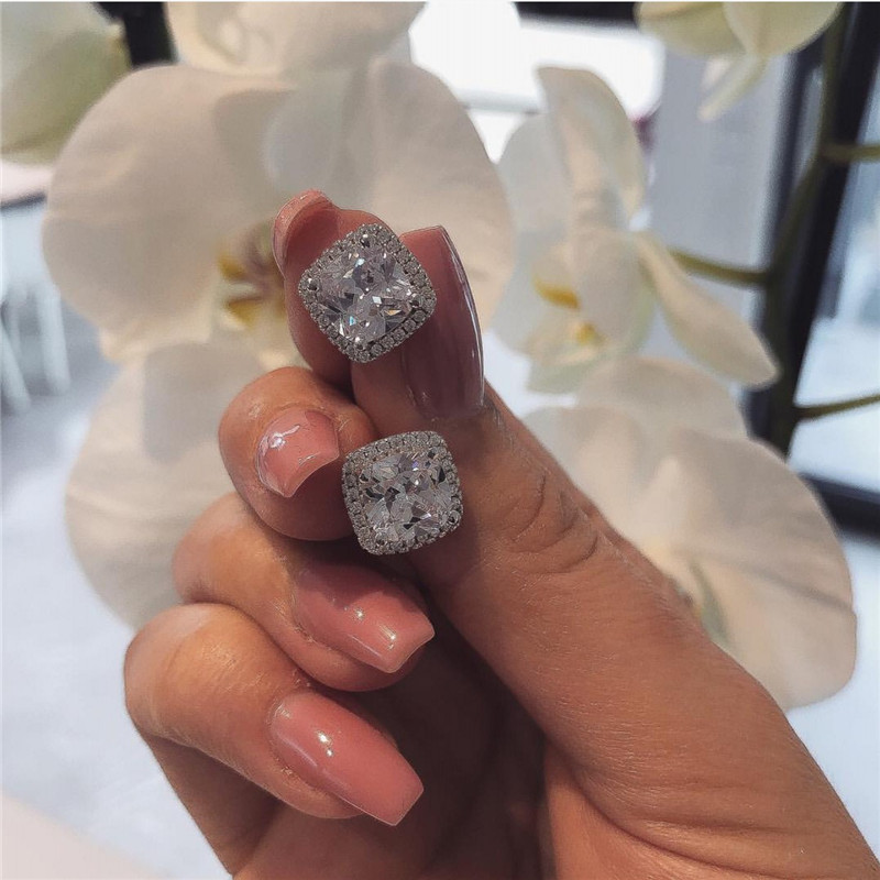 Fashion Square Zircon Color Diamond Women's Stud 925 Sterling Silver Crystal Stud Earrings White Diamond Princess Earrings Wedding Jewelry