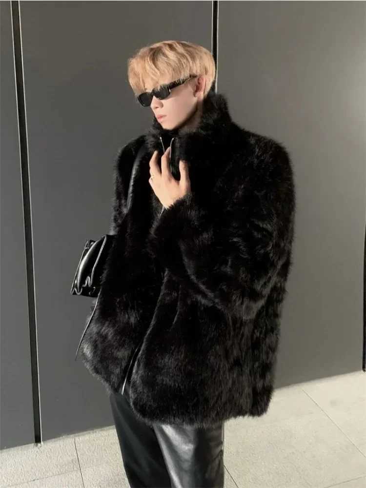 Korean Fashion Imitation Fox Fur Coat Fall and Winter Warm Thickened Black Imitation Fur Coat Trend Streetwear New Men ClothingXJ241102
