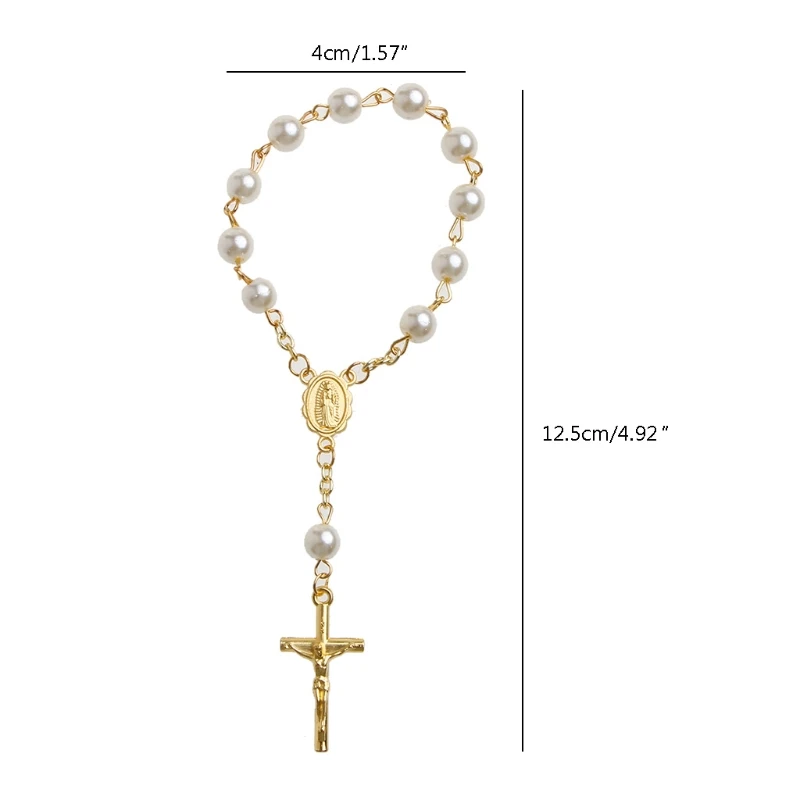 Catholic new for Cross Finger Chain Mini Rosary 2025 Finger Baptism Rosaries Faux Pearls Bracelet for Baptism Christening