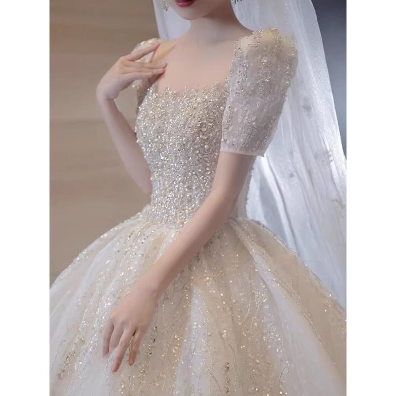 2024 Sparkle Dresses Ball Gown Long Sleeve Tulle Boho Wedding glaring Vestido De Noiva Pearls Backless Bohemian Bride Plus Size Princess Bridal Gowns