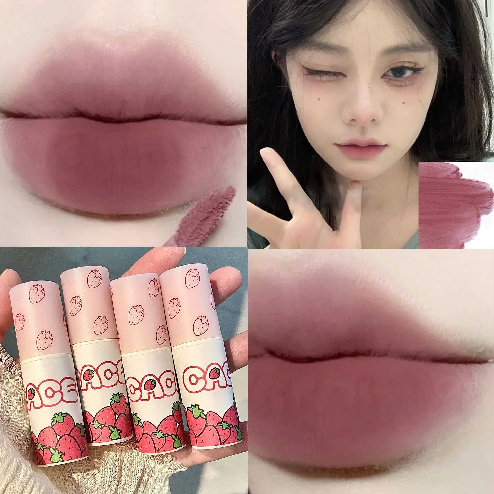 6-color brown pink lipstick matte liquid lipstick cute strawberry waterproof velvet nude red lip mud cheek red tone cosmetics W241101