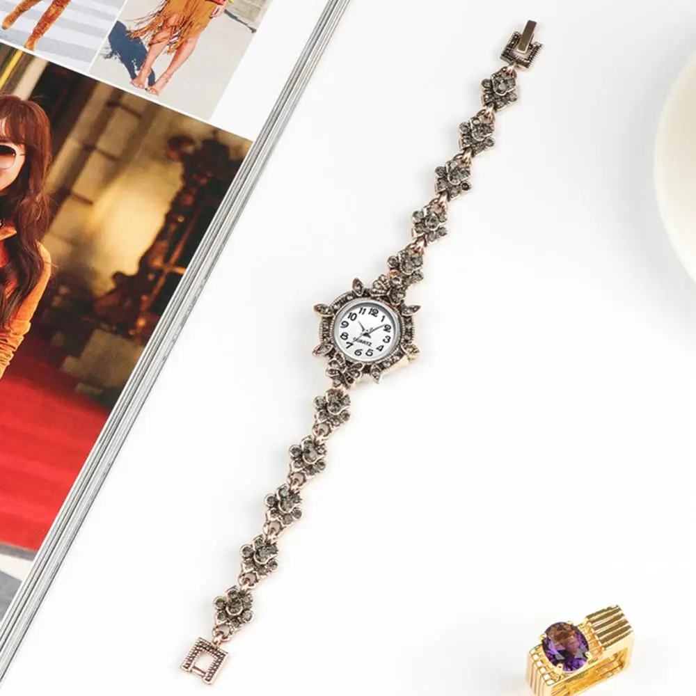 Vintage Women new Rhinestone Flower Charm Round Dial Analog Quartz 2025 Bracelet Watch