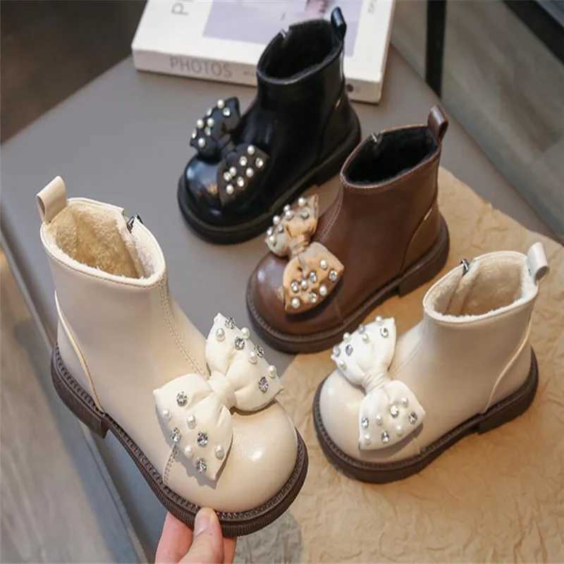 Girl princess boots childrens fashion bow plush leather ankle boots autumn and winter round toe PU soft soled cotton shoes side zipper M241102
