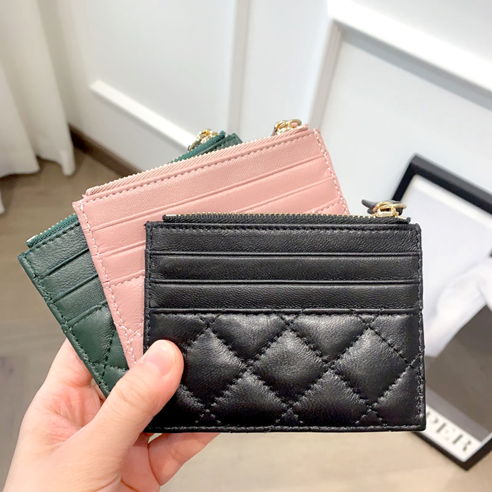 100% Genuine Leather Zip Card Holder Custom Initials Mini Sheepskin Diamond Quilted Wallet Luxury Engrave Letter Slim Coin Purse
