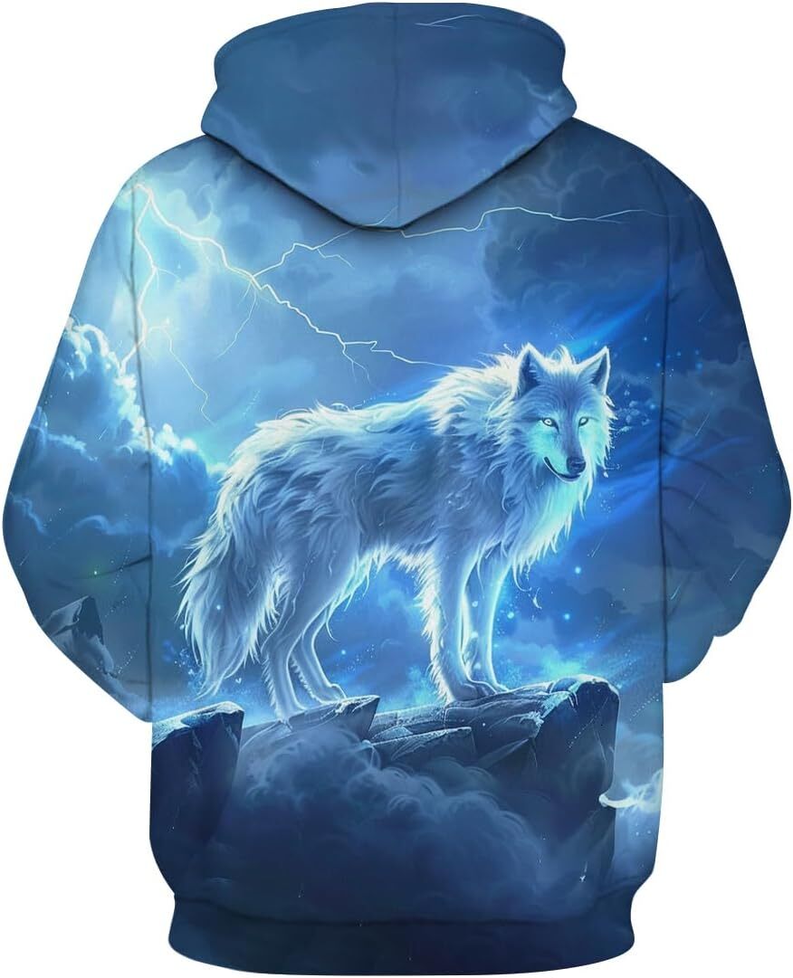 Hoodie for Mens Womens Novelty Wolf Hoodie Funny Animal Graphic A Wolf in a dreamlike lightning Sweatshirts Graphic Hoodies sweatshirt Pullover Long S