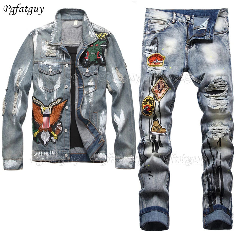 Mens embroidered badge denim jacket ripped jeans 2-piece set long sleeved jacket and stretch pants streetwear vintage blue hole 241030