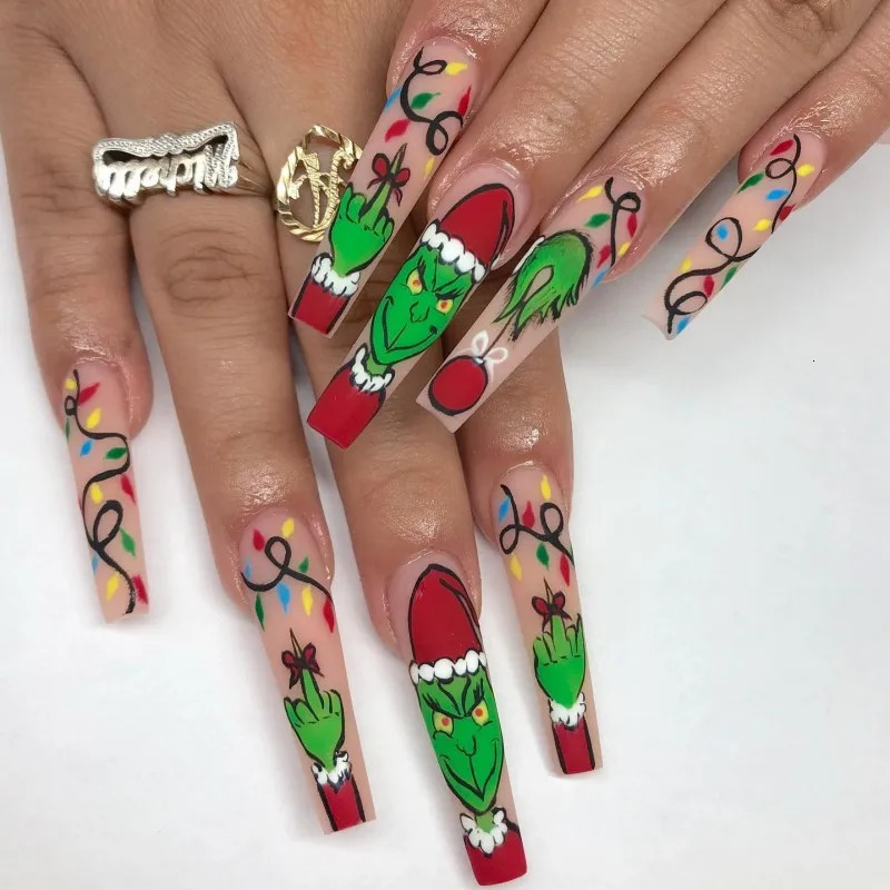 3D fake nails for Christmas parties long French Coffin tips snowflakes Christmas trees fake oranges press machine acrylic fake nail set 241031