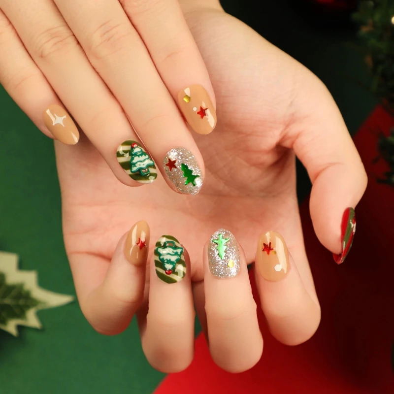 Christmas Holiday Square Medium length Pressing Nail Diamond Fake Nail Winter Smooth Full Cover Fake Nail 241031
