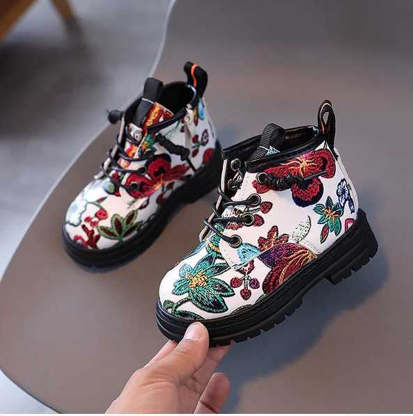 National Floral Printing Ankle Boots for Kids Girls Comfortable Spring and Autumn Cotton Boots for Girls Fancy Shoes for Children M241102