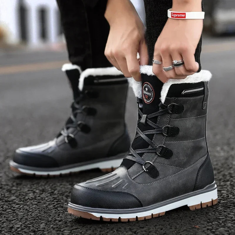 Fashionable mens winter boots warm fur high top snow boots mens waterproof leather platform boots outdoor anti slip mens winter shoes 241031