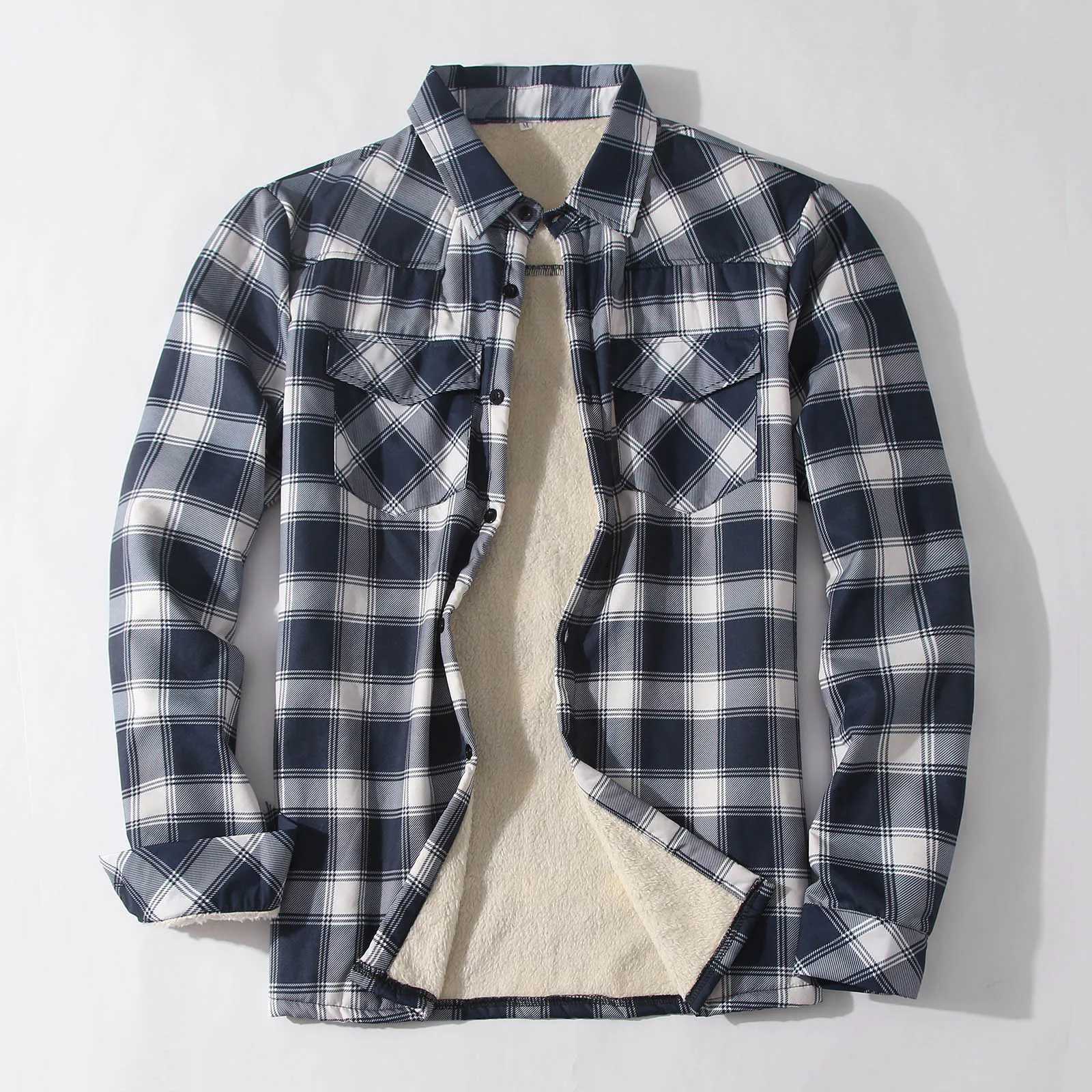 Plaid Plus Flce Jacket Mens Winter T-shirt Collar Button Thick Shirt Mens Casual High Quality Jacket W241102