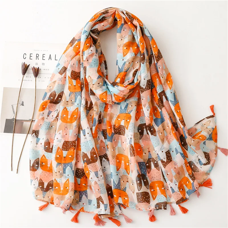 Lovely Animal Cat Pattern Tassel Viscose Shawl Scarf Lady High Quality Wrap Thin Pashmina 2025 Stole Bufandas new Muslim Hijab 180*90Cm