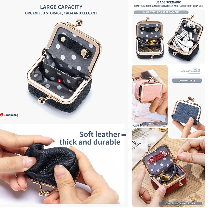 Genuine Leather Jewelry Case for Women Kiss Lock Wallet Coin Purse Organizer Cute Change Pouch Clasp 241029