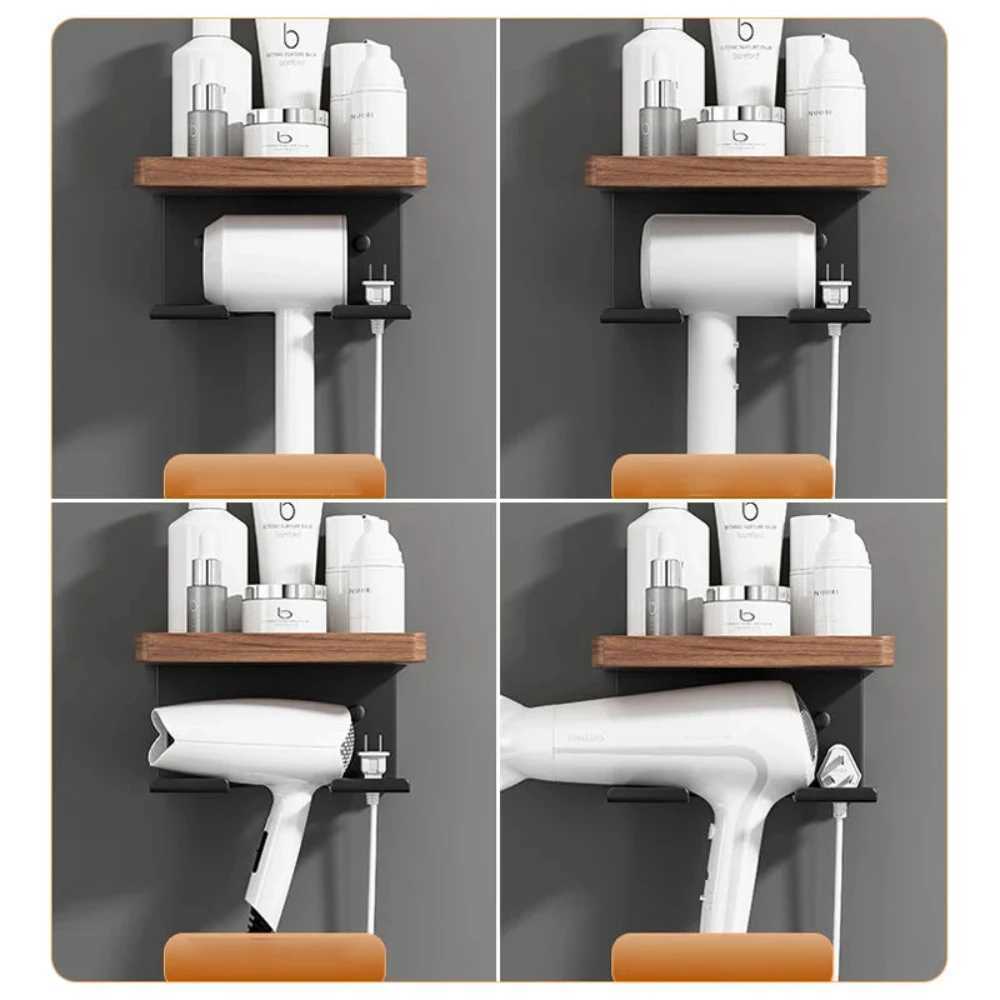 Hair Dryers Hair Dryer Holder Wall Mounted wall-mounted punch-free solid wood storage rack hair dryer rack bathroom hair dryer storage shelf 240401