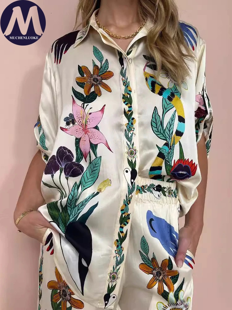 2 Piece Sets Women Outfit Summer Bohemian Style Printing Half Sleeve Shirt Suits Fashionable Casual Loose Wide Leg Pant Set 240328