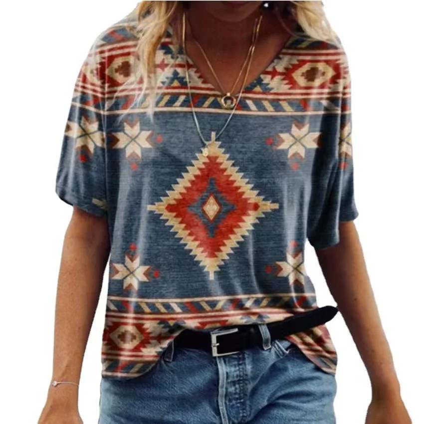 Street T-shirt 2025 new Women Ethnic Style Tee Summer Short Sleeve Haruku Print Shirt Clothing Casual Female Retro Oversized T-Shirts
