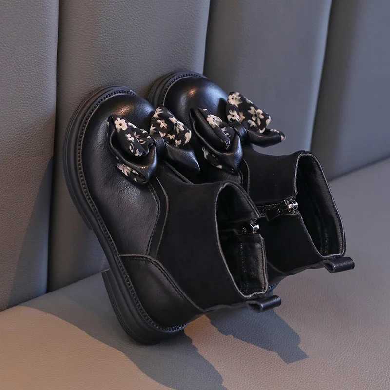Elegant girl ankle boots in spring and autumn sweet childrens princess shoulder boots chic bow Versatile childrens short boots fashionable and new M24