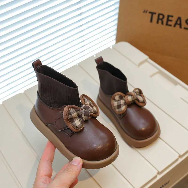Girls Sock Boots Versatile Bow Simple Round toe Platform Childrens Fashion Casual Leather Boots Classic Hook and Loop Childrens Boots M241102