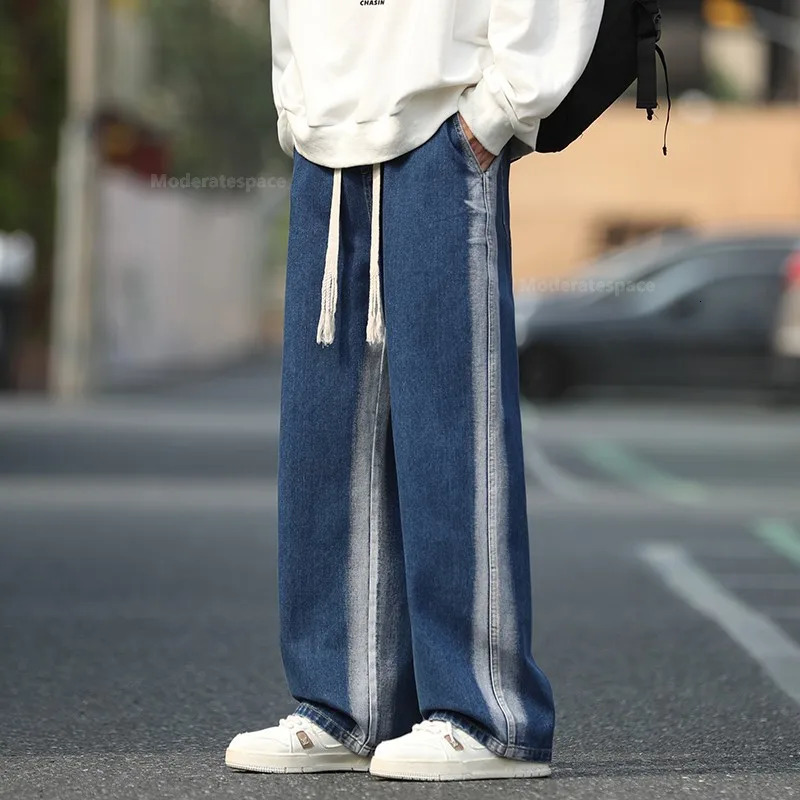 Mens Baggy Straight Jeans Fashion Striped Tie Dye Stretch Waist Drawstring Casual Vintage Denim Trousers Male Streetwear 241024