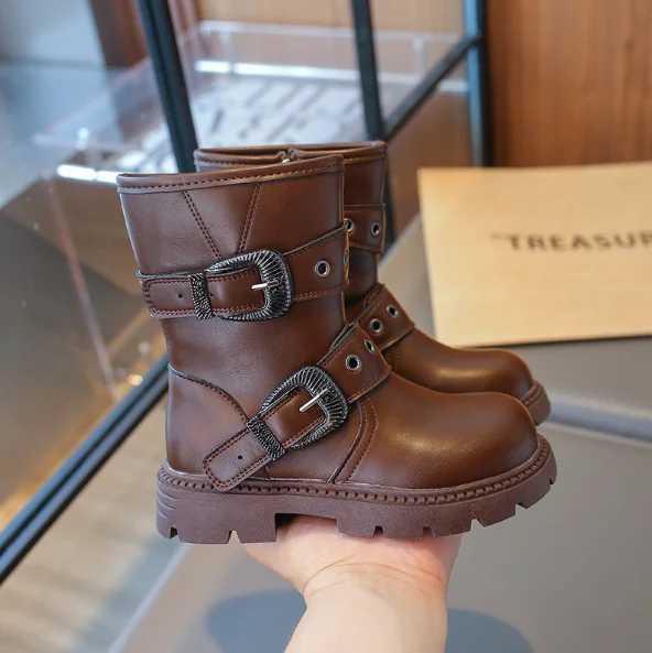 Girls Boots Spring Autumn Childrens Calcium Boots Solid Color Versatile Princess Cat Step Shoes Fashion Childrens Leather Boots M241102