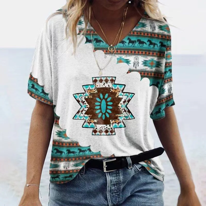 Street T-shirt 2025 new Women Ethnic Style Tee Summer Short Sleeve Haruku Print Shirt Clothing Casual Female Retro Oversized T-Shirts