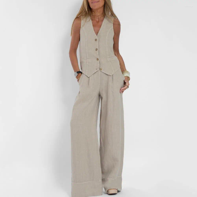Women's Two Piece Pants Sleeveless V-neck Suit Women Set Stylish Cotton Linen With Vest Wide Leg For Office