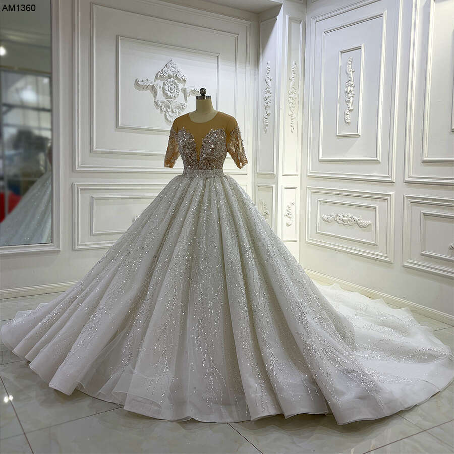 Simple Short Sleeve V-neck Sequin Lace A-e Wedding Dress