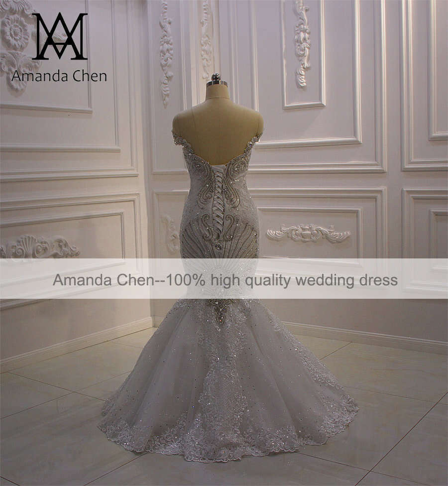 De Robe Mariage Off Shoulder Lace Appliqued Crystal Mermaid Detachable Train Wedding Dress tachable