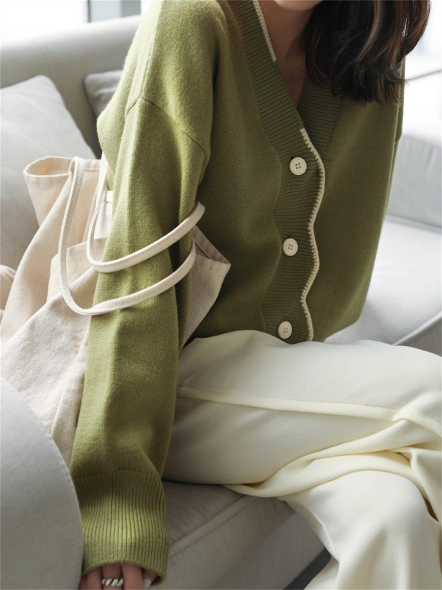 Korean Version Soft And Skin Friendly Playful Age Reducing Loose V Neck Wavy Placket Long Sleeved Versatile Temperament Knitted Cardigan For Women F11