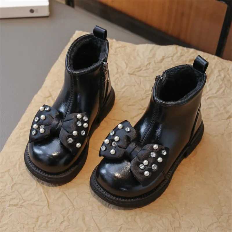Girl princess boots childrens fashion bow plush leather ankle boots autumn and winter round toe PU soft soled cotton shoes side zipper M241102