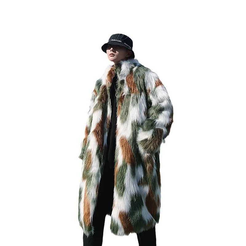 Winter Hip Hop Fur Coat Long Hooded Jacket Men Korean Fashion Warm Thicken Trench Coat Street Casual OvercoatXJ241102