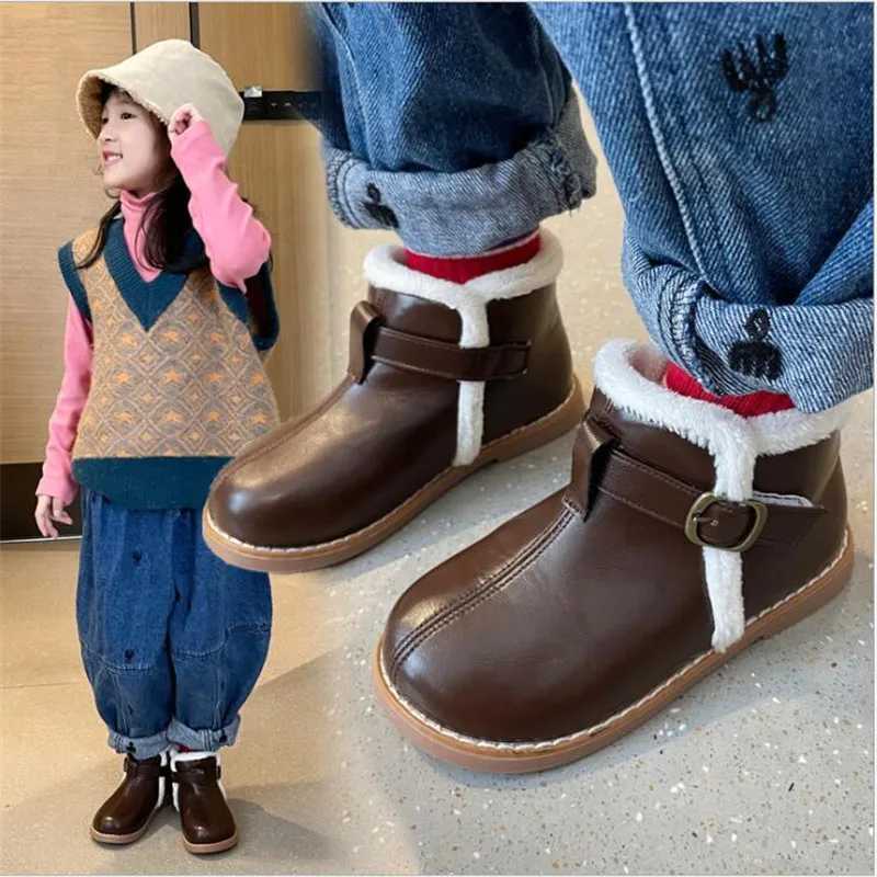 New Winter Childrens Shoes PU Leather Warm Plush Girls Boots Waterproof Girls Velvet Cotton Shoes Fashion Childrens Short Snow Boots M241102